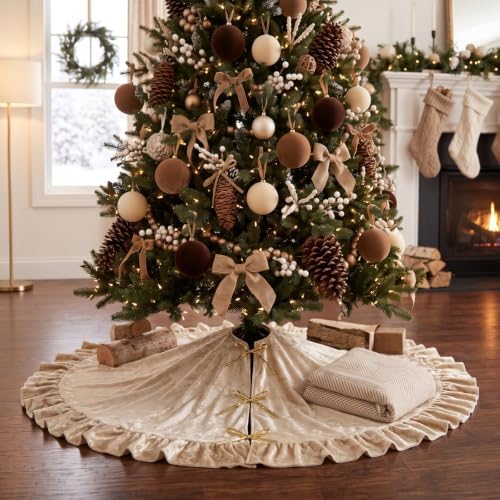 Velvet Christmas Tree Skirt, 60 Inches, Bow Style, Khaki by Vertintong