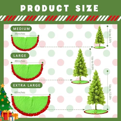 Hollowfly Red and Green Christmas Tree Skirt Furry Plush Lime Green Christmas Tree Skirts Whimsical Xmas Decorations Holiday Glittering Dot Mat Faux Round Carpet for Home Xmas Party Decor(60 Inch) - Image 2
