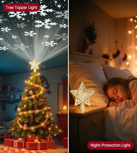 Christmas Tree Star Topper, Built-in Led 360° Rotating Snowflake Projector Pentagram Plug in Christmas Tree Ornament for Indoor Office Xmas New Year Holiday Tree Decor (Golden) - Image 3