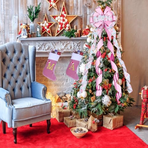 Christmas Tree Topper Wreath Bow Large Pink Christmas Bow Tree Topper 52"x13" Pink Ice Cream Pattern Velvet Ribbon Gift Bows for Xmas Holiday Home Wedding Thanksgiving Indoor/Outdoor Decoration - Image 6