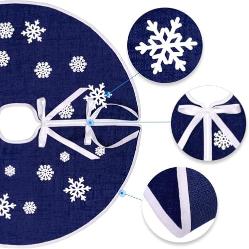 48 Inch Burlap Christmas Tree Skirt with White Snowflakes, Dark Blue - Image 2