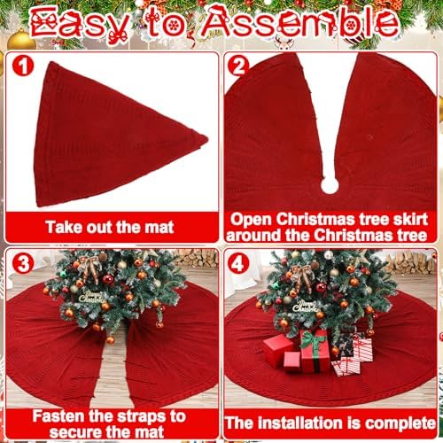 72 Inch Christmas Knitted Tree Skirt Giant Claret Red Chunky Xmas Tree Skirt Extra Large Braided Cable Knit Rustic Farmhouse Xmas Ornaments for Home Merry Christmas Holiday Winter Party Decoration - Image 4
