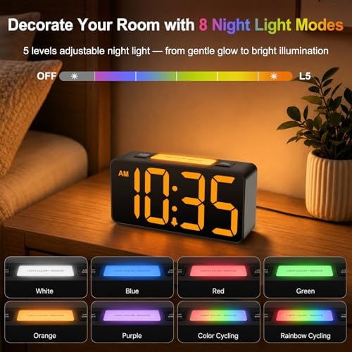 DreamSky Small Digital Alarm Clock with Night Light for Kids Bedroom | RGB Desk Clock with Large Numbers for Teens Boys, Brightness Dimmer, Adjustable Alarm Volume, USB Port, USB-C Adapter Powered - Image 4