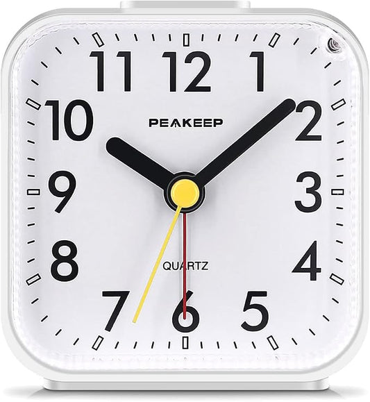 Peakeep Small Battery Operated Analog Travel Alarm Clock Silent | No Ticking, Lighted on Demand and Snooze, Beep Sounds, Gentle Wake, Ascending Alarm, Easy Set (White) by PEAKEEP