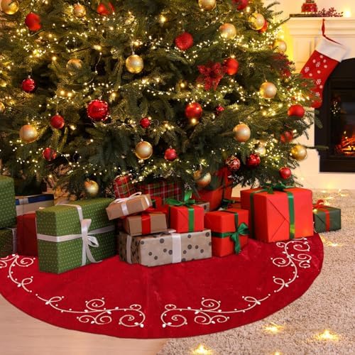 36inch Christmas Tree Skirt Red Luxury Velvet Plush Fur Skirts Baroque Tree Skirts with Gold Embroidered Pearls and Crystals Xmas Velvet Trees Skirt for Christmas Holiday Party Home Decorations - Image 6
