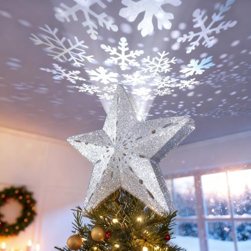 DG-Direct Christmas Tree Topper Lighted Star [Silver],3D Hollow Sparkling Star Christmas Tree Topper with Rotating Magic Cool White Snowflake Projector for Christmas Tree Ornament (Silver) by DG-Direct