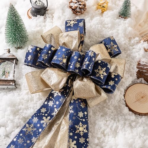 Christmas Tree Topper, 40x13 Inches Toppers Bow with Glitter Satin Mesh Streamer and Patterned Ribbon, Christmas Tree Topper Bow for Christmas Home Decoration (Blue Golden) - Image 5