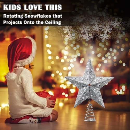 IPOW LED Snowflake Projector Star Christmas Tree Topper, 11.3 Inch Silver Glittered Star Treetop Lighted Rotating Snow Flake for Christmas New Year Holiday Decoration, Night Light Projector for Kids - Image 3