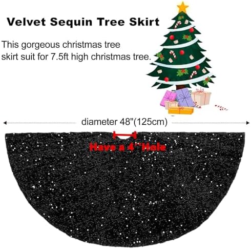 DUOBAO Black Tree Skirt 48 Inch Sequin Velvet Shimmering Outdoor Ornament Christmas Skirts for Luxury Glittery Mermaid Floor Mat Xmas Holiday Home Decor - Image 6