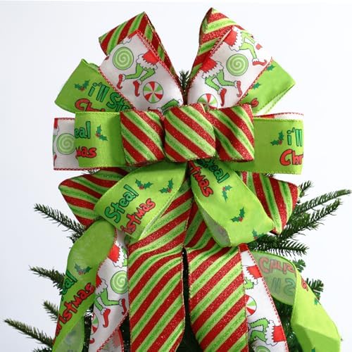 Large Christmas Tree Topper Bow 52x13 Inch, Pre-Tied Wired Wreath Ribbon by Montekin