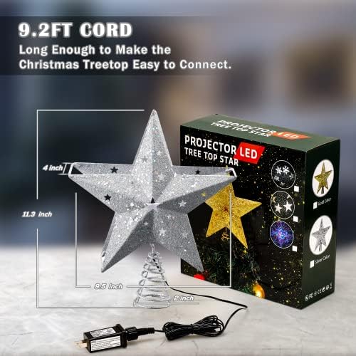 IPOW LED Snowflake Projector Star Christmas Tree Topper, 11.3 Inch Silver Glittered Star Treetop Lighted Rotating Snow Flake for Christmas New Year Holiday Decoration, Night Light Projector for Kids - Image 5