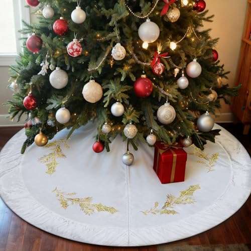 48 Inches Christmas White Velvet Tree Skirt Decorations White Luxury Fur Plush Skirts with Gold Embroidered Holly for Xmas Wedding Rustic Vintage Party Holiday Home by QIJISTORM