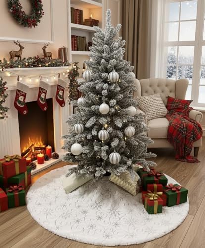 48 Inch Sequin Faux Fur Christmas Tree Skirt for Christmas Tree Decorations White Plush Silver Sequin Snowflake Tree Skirt - Image 4