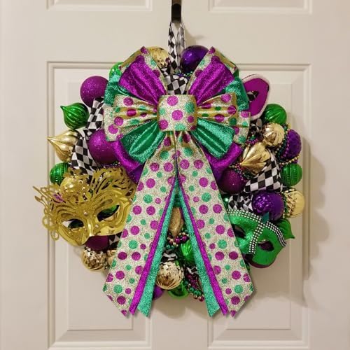Mardi Gras Tree Topper Bow Decorations,12?€?x20?€? Large Glitter Wreath Bow Decor for Tree Holiday Party Wall Home Front Door Float Golf Cart Gold Green Purple - Image 4