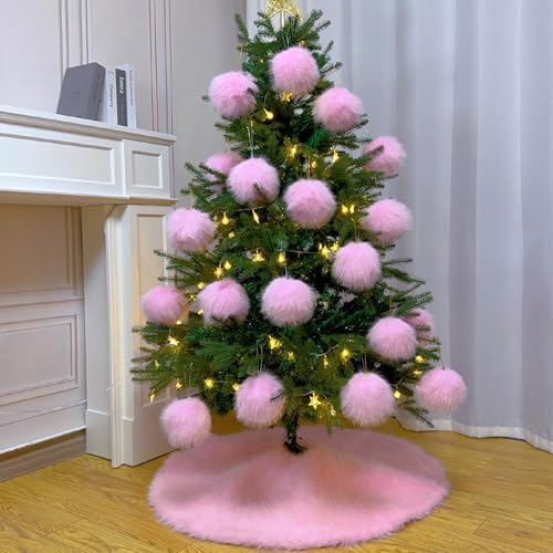 60 Inch Christmas Tree Skirt - Fluffy Faux Fur Pink Tree Skirt, Pink Plush Xmas Holiday Decor for Parties, Small Round Tree Skirt - Image 4