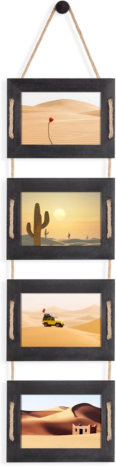 DLQuarts 4x6 Hanging Collage Picture Frames Wall Decor, 4-Opening 4x6 Photo without Mat Rustic Wood Frame with Hemp Rope, 1 Pack, Weathered Black