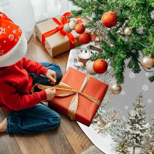 Snowman Christmas Tree Skirt 36 Inch Reindeer Snowflakes Xmas Tree Decorations for Winter Holiday Party Home Decor Indoor Outdoor Ornaments - Image 4