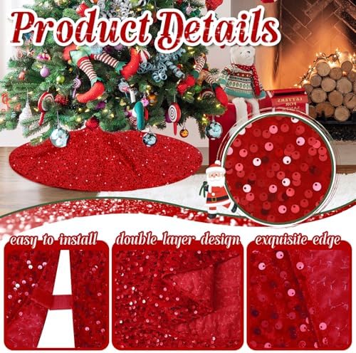 Red Christmas Tree Skirt 48 Inch Red Velvet Sequin Tree Skirt Tree Skirt Cover Large Xmas Tree Skirts for Christmas Tree Decorations - Image 5