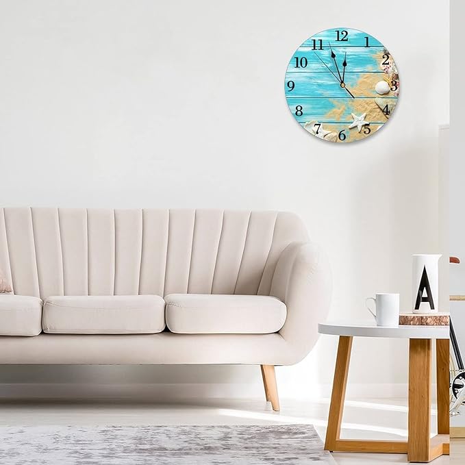 Sea Shells Wood Board Background Wall Clock Battery Operated Silent Ocean Theme Round Clock Wall Decor for Home, Office, School 9.8 Inch