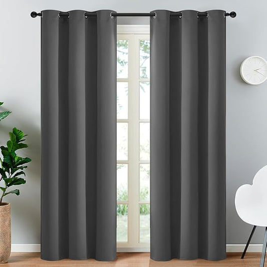 Yakamok Thermal Insulated Solid Grommet Light Blocking Blackout Curtains for Living Room, Room Darkening Blackout Drapes for Bedroom(Dark Grey, 38Wx90L, 2 Panels)