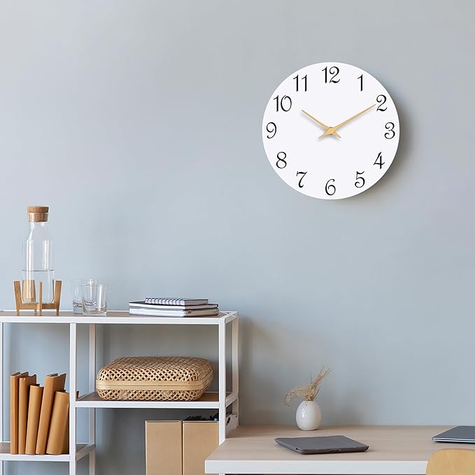Wall Clock, 10 Inch Modern Wall Clocks Battery Operated, Silent Non Ticking Clock Decorative for Kitchen, Living Room, Bathroom, Office, Bedroom(White)