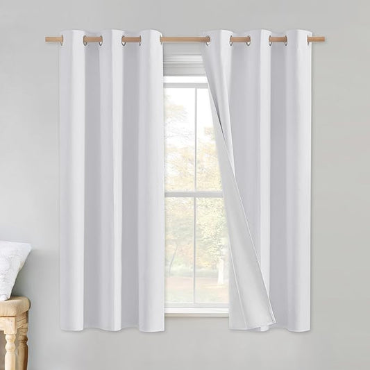 NICETOWN 100% Absolutely Blackout Linen Curtains with Thermal Insulated White Liner, White, 34 inches Wide, 60 inches Length Energy Saving Curtains for Cupboard 2 Panels Set, Vertical Blinds