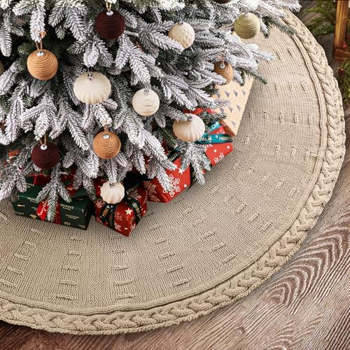 YUJUN 48 Inches Christmas Knitted Tree Skirt Decorations Xmas Large Vintage Beige Chunky Cable Farmhouse Thick Rustic Tree Skirt for Merry Christmas Tree Holiday Home Party Decoration by YUJUN