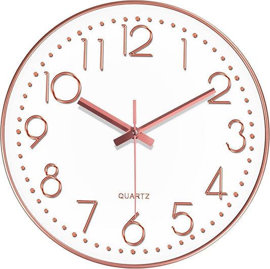 Modern Silent Wall Clock - 12 Inch Wall Clocks Battery Operated Large Number, Non-Ticking Analog Clock with Tempered Glass Quartz Clocks for Living Room Bedroom Office Kitchen, Rose Gold