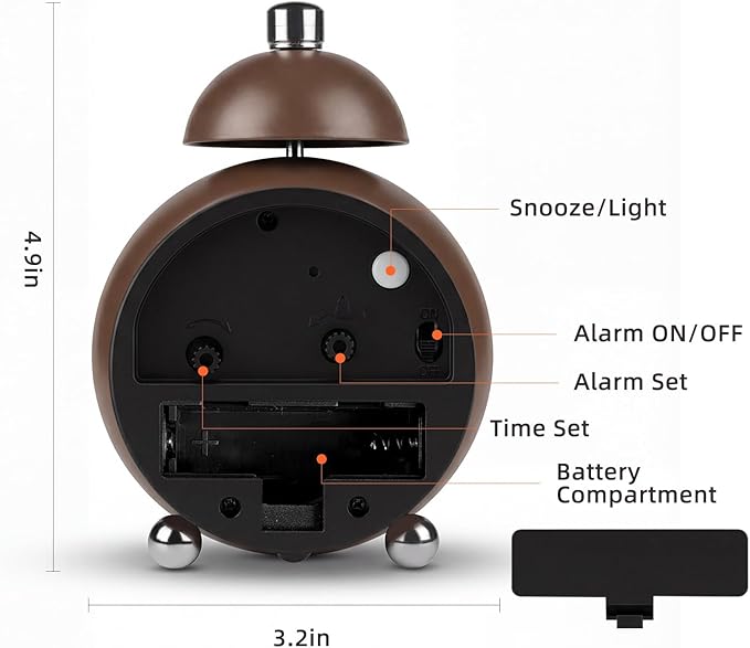 Analog Alarm Clock, Mid-Century Modern Desk Clock, Silent Non-Ticking Quartz Table Clock with Black Hands, Battery Operated Decorative Clock for Bedroom, Office, Living Room (Brown)