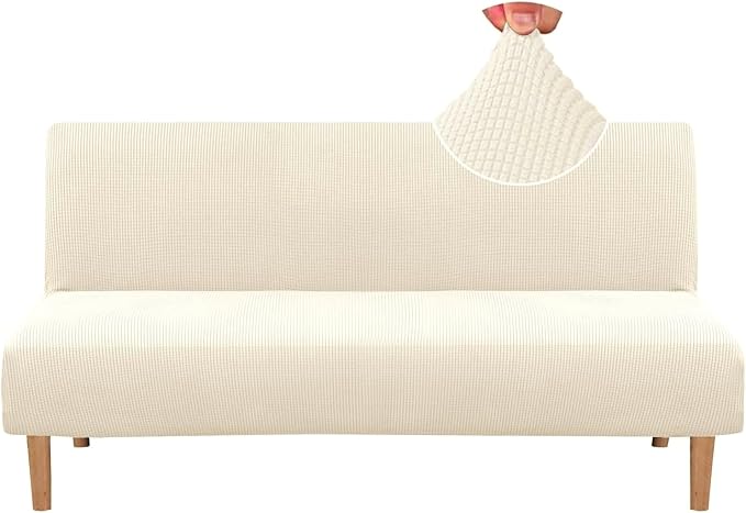 H.VERSAILTEX Armless Futon Cover Stretch Sofa Bed Slipcover Protector Elastic Feature Rich Textured High Spandex Small Checks Jacquard Fabric Futon Cover, Machine Washable, Cream