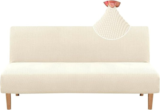H.VERSAILTEX Armless Futon Cover Stretch Sofa Bed Slipcover Protector Elastic Feature Rich Textured High Spandex Small Checks Jacquard Fabric Futon Cover, Machine Washable, Cream