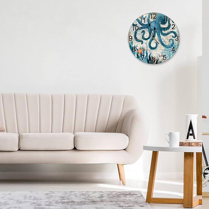 Blue Octopus Nautical Map Wall Clock Battery Operated Silent Non Ticking Round Clock Art Wall Decor for Home, Office, School 9.8 Inch
