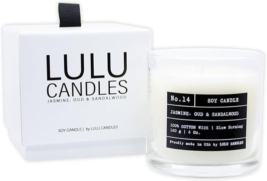 Lulu Candles | Jasmine, Oud & Sandalwood | Luxury Scented Soy Jar Candle | Hand Poured in The USA | Highly Scented Long Lasting (6 Oz. Gift Box)