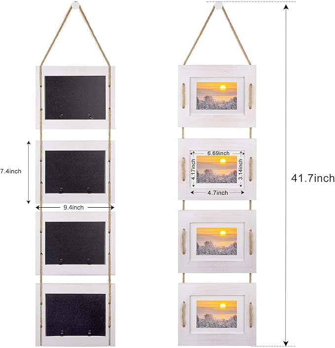 DLQuarts 5x7 Hanging Collage Picture Frames Wall Decor, 4-Opening 5x7 Matted to 3.5x5 Photo Rustic Wood Frame with Hemp Rope, 2 Pack, Vintage White