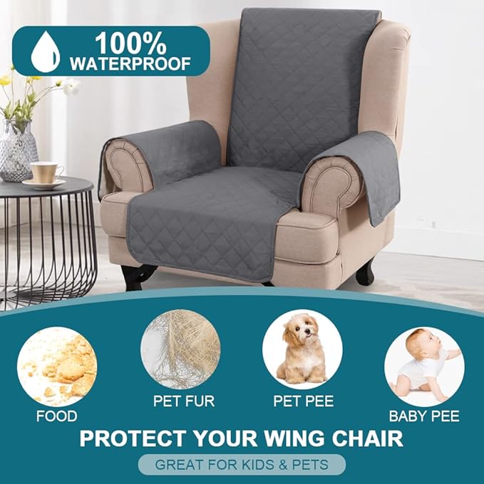 Turquoize 100% Waterproof Wing Chair Cover Wing Armchair Slipcovers Chair Couch Protector Triple Non-Slip Sofa Slipcover for Wing Chair Furniture Protector for Pets, Kids,Dog (Wing Chair, Gray)