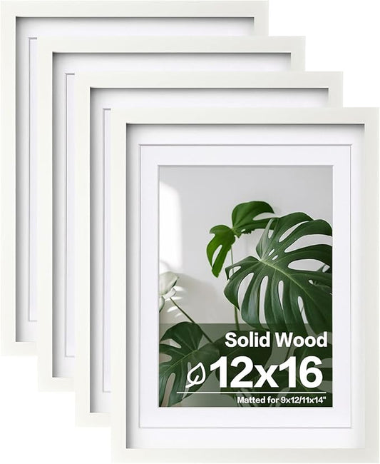 Egofine 12x16 Picture Frames 4PCS Covered by Plexiglass, Made of Solid Wood, Display Pictures 9x12/11x14 with Mat or 12x16 Without Mat for Wall Mounting, White with Texture