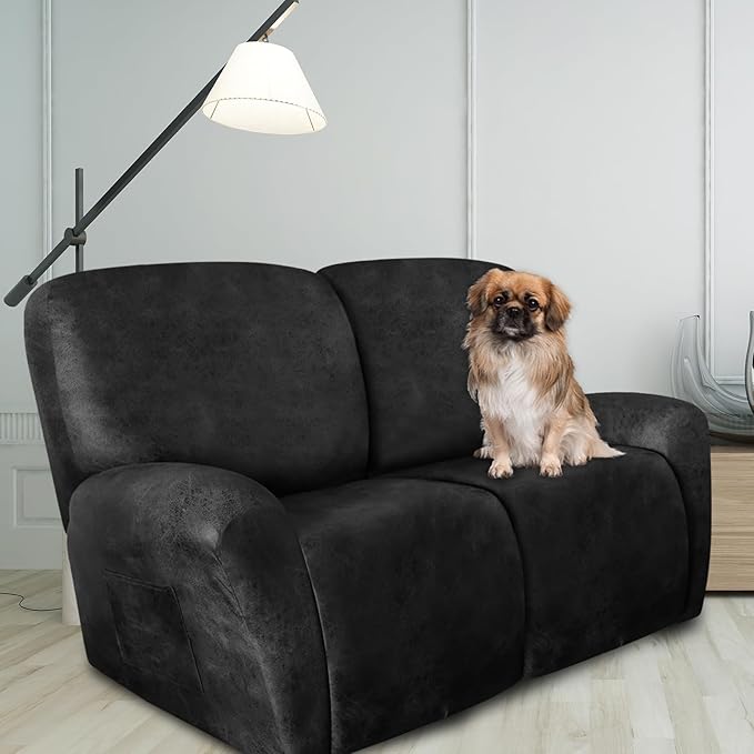 ANARACHON Loveseat Recliner Cover Leather Look Recliner Loveseat Covers Recliner Sofa Cover for 2 Seater Reclining Couch Spandex Fabric Washable 6 Pieces (2 Seater, 02 Dark Gray)