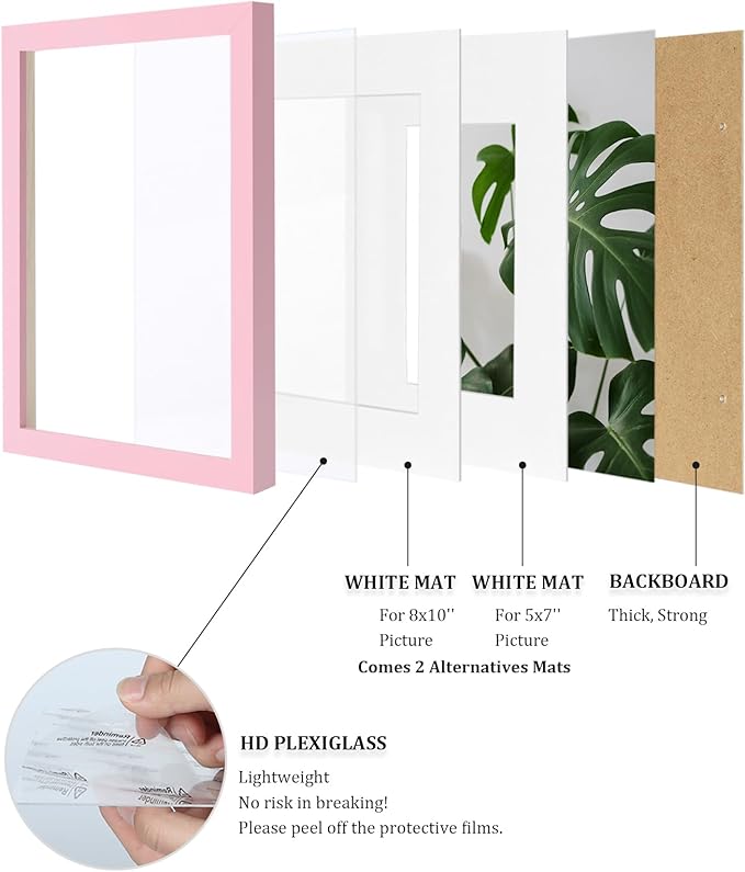 Egofine 11x14 Picture Frames with Plexiglass, Display Pictures 5x7/8x10 with Mat or 11x14 Without Mat Set of 4 for Tabletop and Wall Mounting, Pink