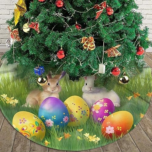 Easter Bunny Eggs Tree Skirts Xmas Ornaments, Spring Flower Rabbit Tree Mat for Christmas Party Holiday All Occasions 36" - Image 5