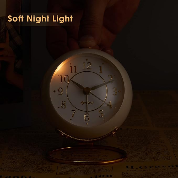 Metal Desk Clock, Retro Bedroom Table Vintage Analog Alarm Clock, Silent Non-Ticking Gold Clock, Bedside D??cor(Milk White)