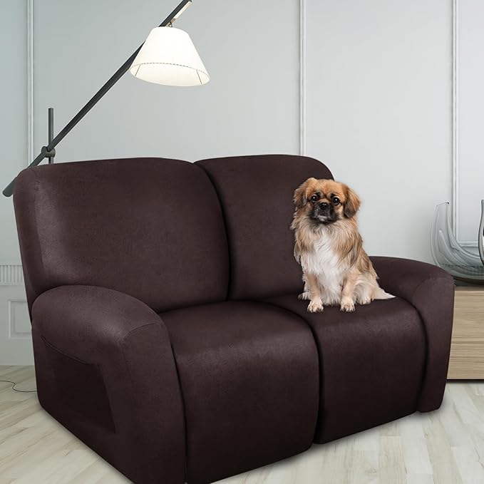 ANARACHON Loveseat Recliner Cover Leather Look Recliner Loveseat Covers Recliner Sofa Cover for 2 Seater Reclining Couch Spandex Fabric Washable 6 Pieces (2 Seater, 01 Chocolate)