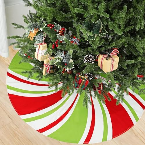 48 Inch Christmas Tree Skirt Peppermint Candy Tree Mat Large Christmas Red White and Green Trees Skirt Candy Swirl Stripe Trees Skirts for Xmas Holiday Home Party Ornament Rustic Farmhouse Decoration by Augisteen