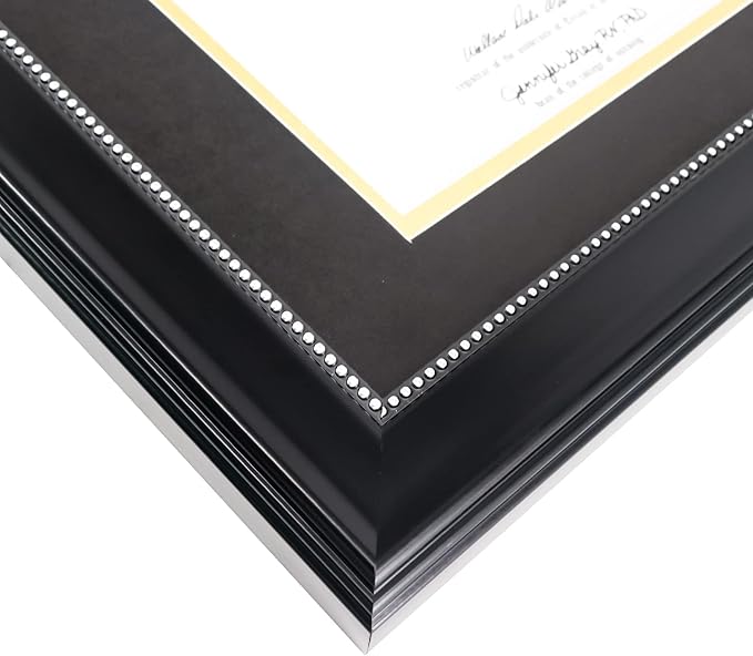 GraduationMall 8.5x11 Diploma Frame with Black over Gold Mat or Display 11x14 Document without Mat, UV Protection Acrylic, Black with Silver Beads, Set of 2