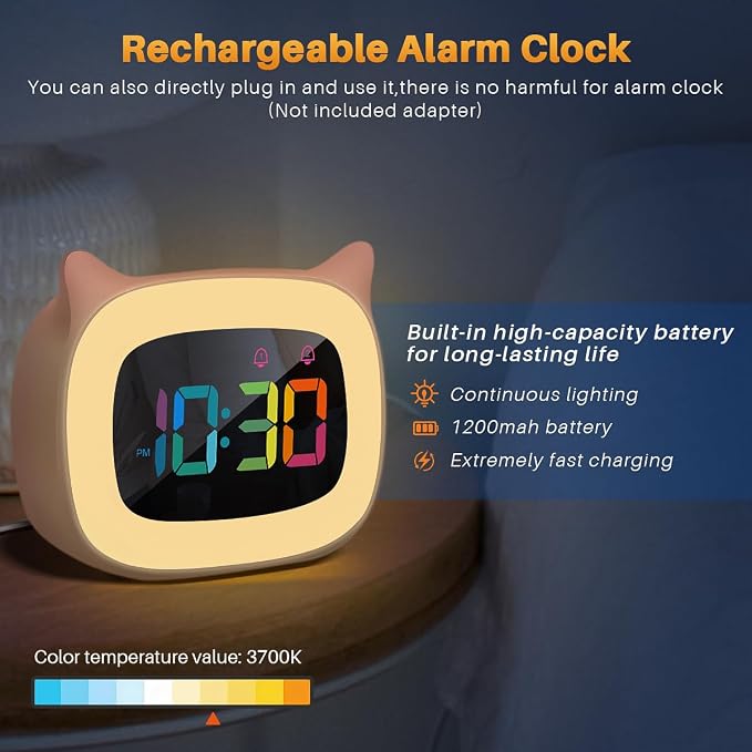 Cute Cat Ear Alarm Clock with RGB 7 Color Night Light,Pink - Image 7