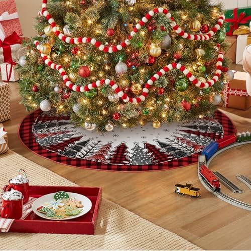 AVOIN colorlife Red and Black Buffalo Plaid Christmas Tree Skirt 36 Inch - Image 3