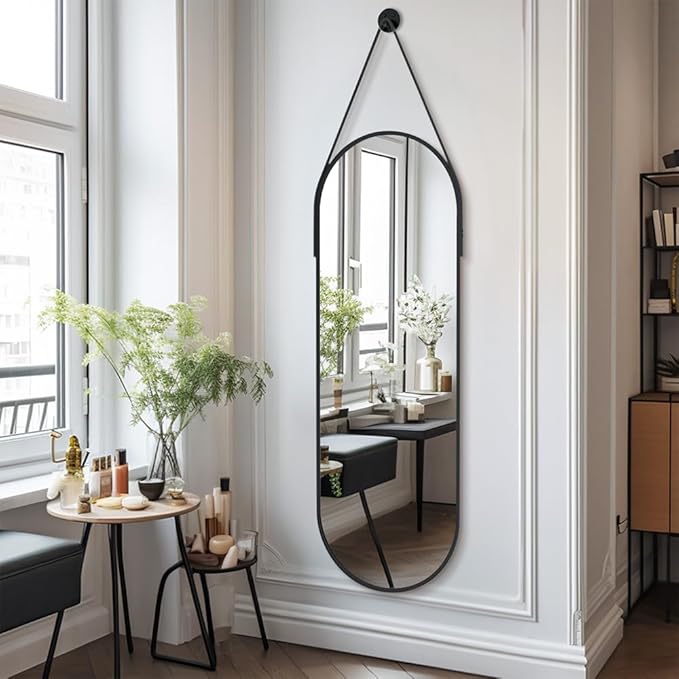 OGCAU 48'' x 16'' Full Length Mirror Wall-Mounted, Full Body Hanging Mirror for Wall and Door in Bedroom, Living Room, Oval with Straps, Hanging with Aluminum Alloy Frame (Oval Black)