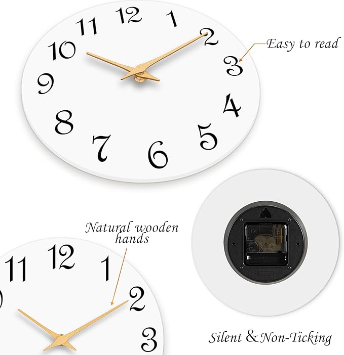 Wall Clock, 10 Inch Modern Wall Clocks Battery Operated, Silent Non Ticking Clock Decorative for Kitchen, Living Room, Bathroom, Office, Bedroom(White)
