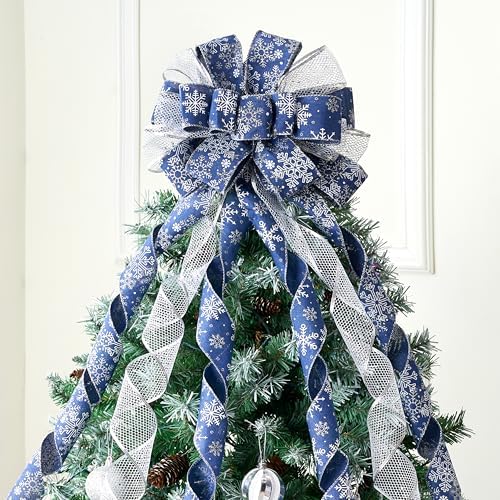 JOIEDOMI 45 Inch Christmas Tree Topper Wreath Bow, Blue and Silver Ribbon Ornaments with Snowflakes and Glitter, Large Gift Decor for Xmas Holiday Themed Decoration Home Parties Wedding by Joiedomi