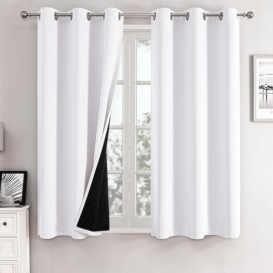 ChrisDowa White 100% Blackout Curtains for Bedroom with Black Liner, 2 Thick Layers Total Blackout Thermal Insulated Grommet Window Curtains 2 Panels Set (Pure White, 42 x 63 Inch)