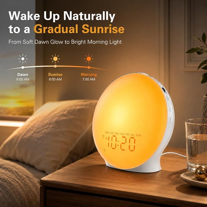 JALL Sunrise Alarm Clock White Noise Machine with 25 Nature Sleep Sounds, Fully Dimmable Clock for Bedrooms, Heavy Sleepers, 17 Light Modes, Bluetooth Speaker - Image 10